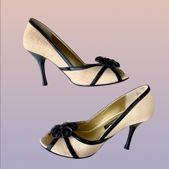 Beverly Feldman Summer Of Love Heels Black Jewel Flower Tan Peep Open Toe - Picture 7 of 8